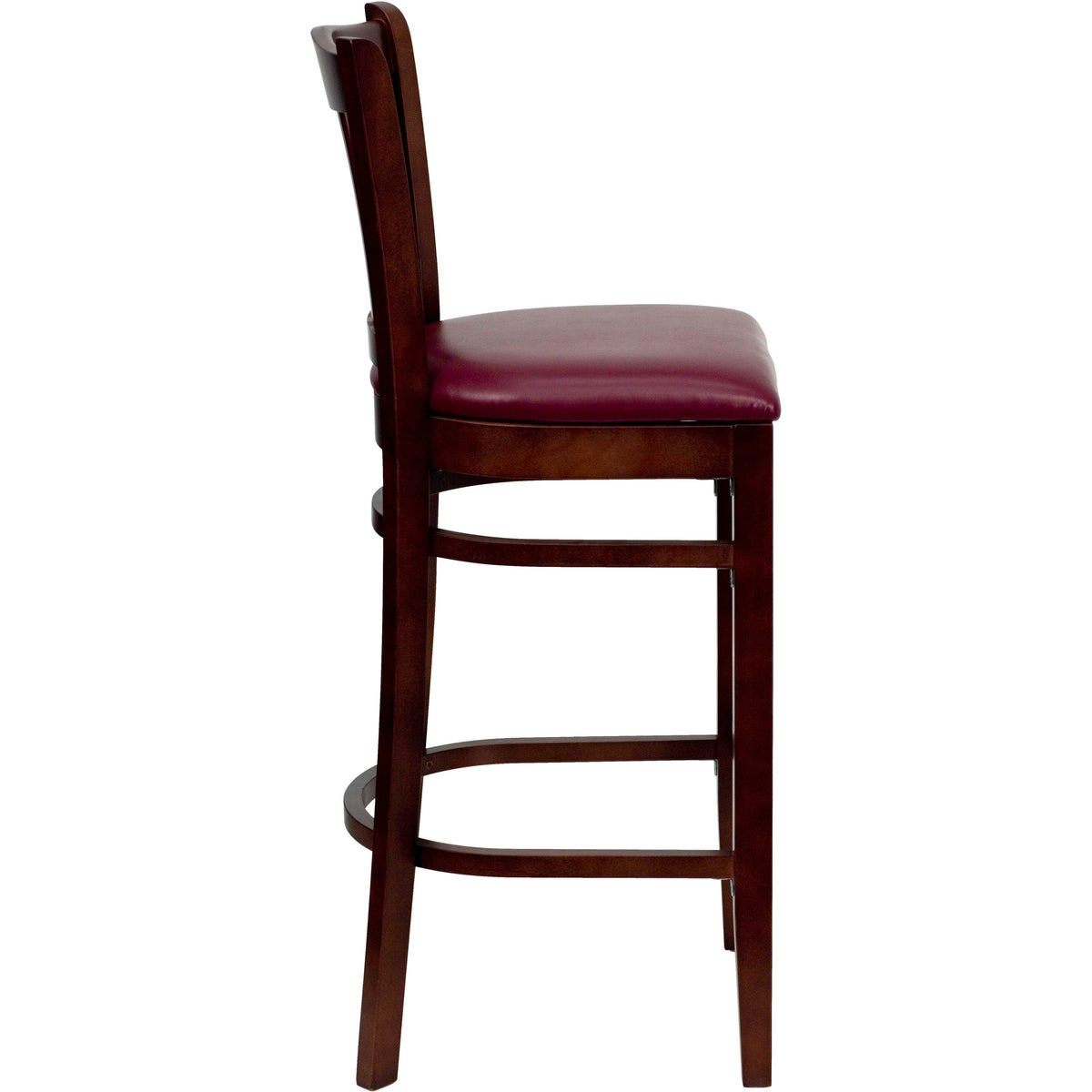 Burgundy Vinyl Seat/Mahogany Wood Frame |#| Vertical Slat Back Mahogany Wood Restaurant Barstool - Burgundy Vinyl Seat