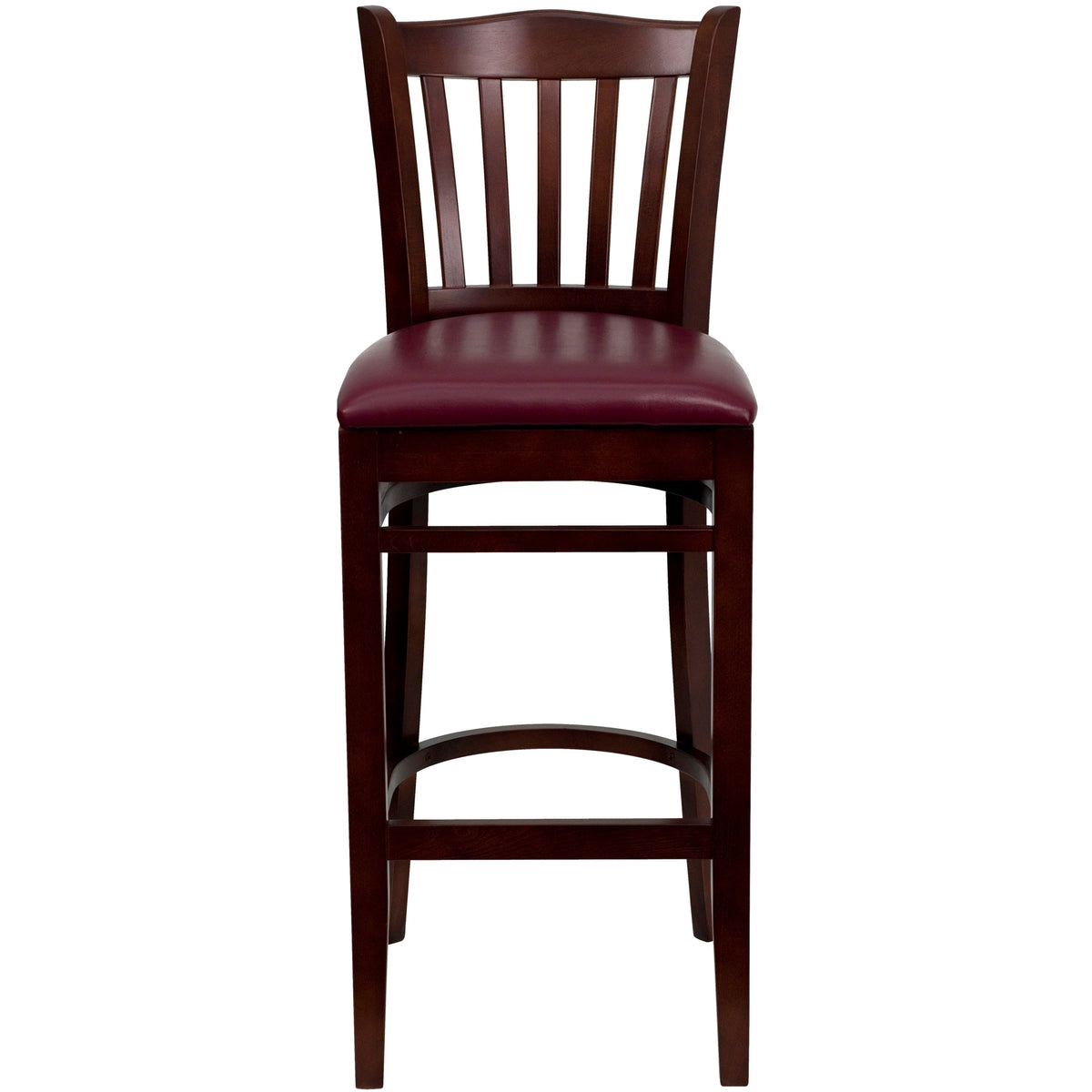 Burgundy Vinyl Seat/Mahogany Wood Frame |#| Vertical Slat Back Mahogany Wood Restaurant Barstool - Burgundy Vinyl Seat