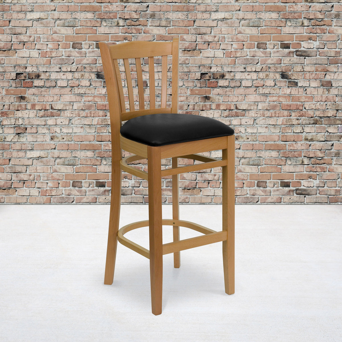 Black Vinyl Seat/Natural Wood Frame |#| Vertical Slat Back Natural Wood Restaurant Barstool - Black Vinyl Seat