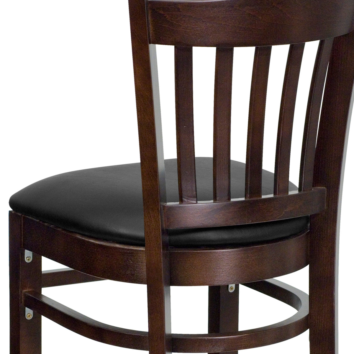 Black Vinyl Seat/Walnut Wood Frame |#| Vertical Slat Back Walnut Wood Restaurant Barstool - Black Vinyl Seat