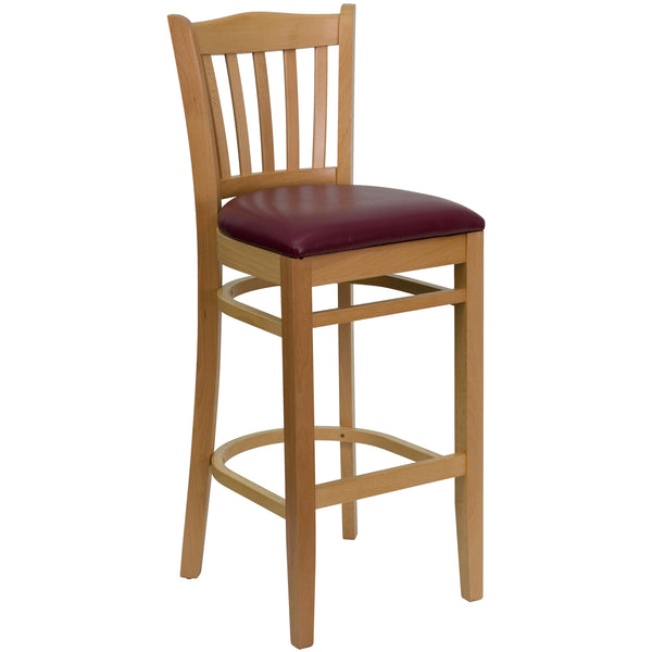 Burgundy Vinyl Seat/Natural Wood Frame |#| Vertical Slat Back Natural Wood Restaurant Barstool - Burgundy Vinyl Seat