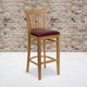 Burgundy Vinyl Seat/Natural Wood Frame |#| Vertical Slat Back Natural Wood Restaurant Barstool - Burgundy Vinyl Seat