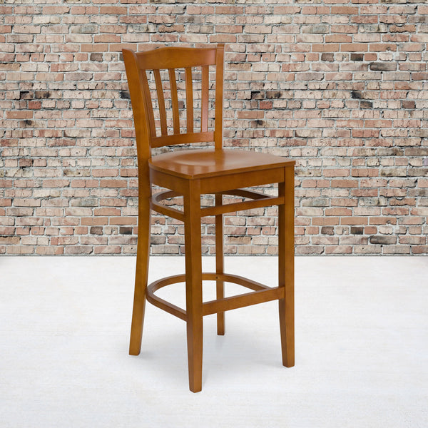 Cherry Wood Seat/Cherry Wood Frame |#| Vertical Slat Back Cherry Wood Restaurant Barstool with Footrest