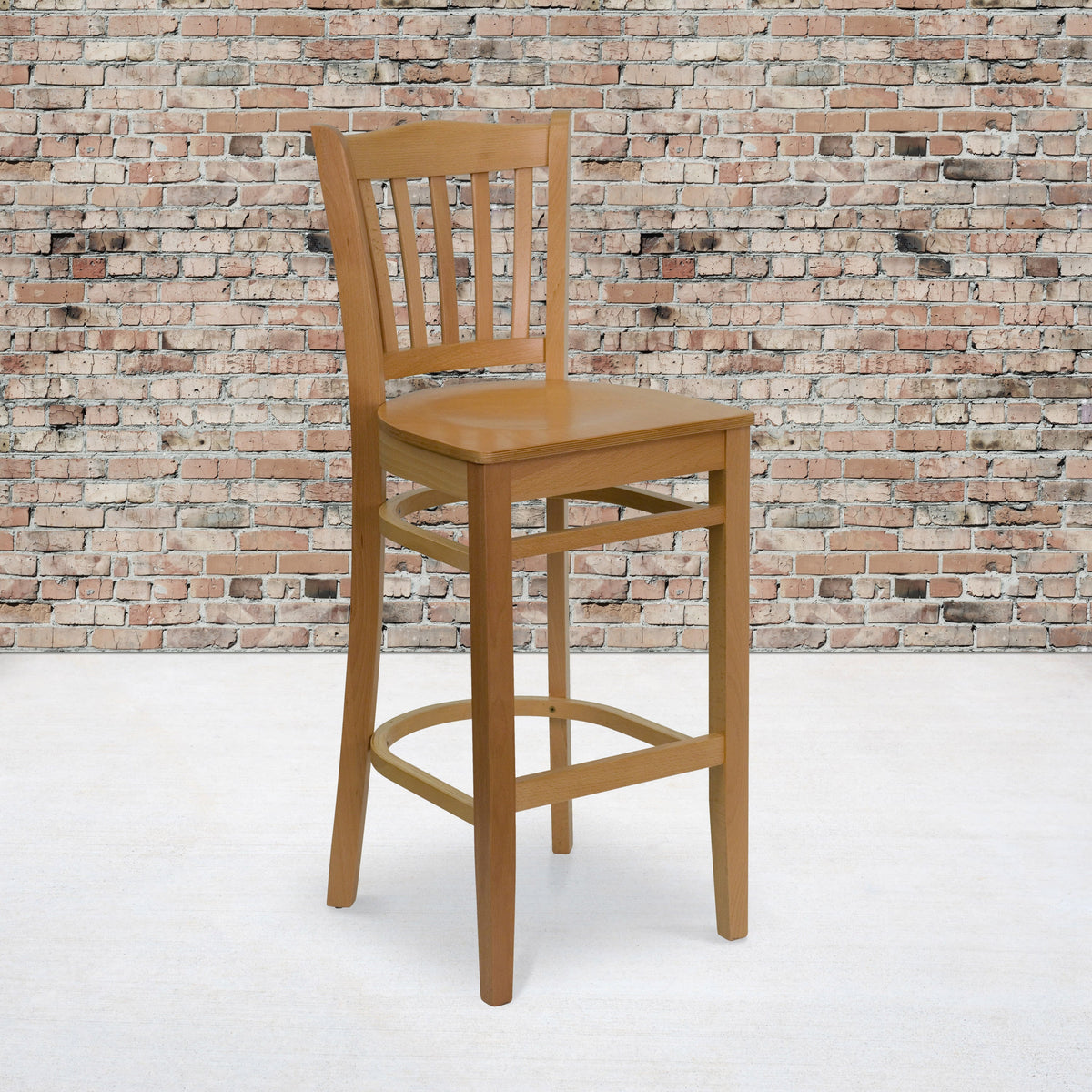 Natural Wood Seat/Natural Wood Frame |#| Vertical Slat Back Natural Wood Restaurant Barstool with Footrest