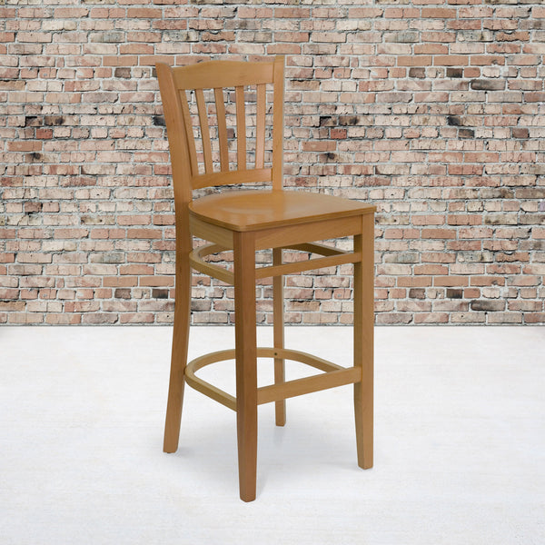 Natural Wood Seat/Natural Wood Frame |#| Vertical Slat Back Natural Wood Restaurant Barstool with Footrest