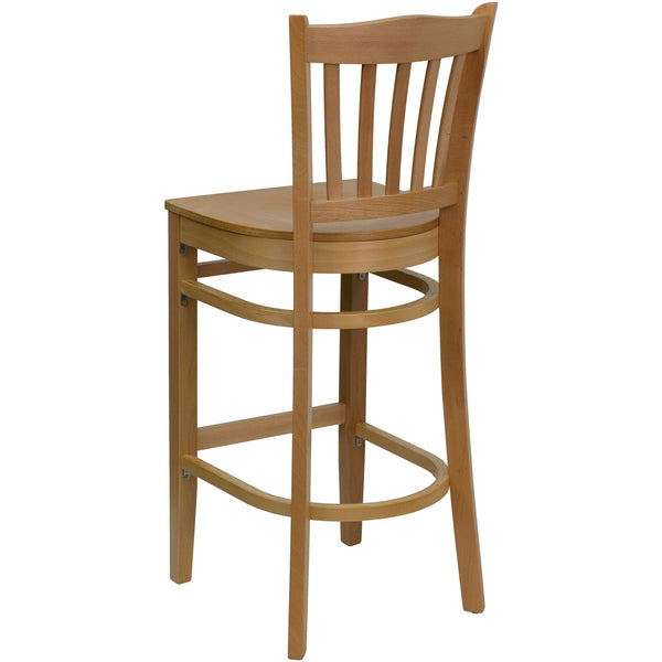 Natural Wood Seat/Natural Wood Frame |#| Vertical Slat Back Natural Wood Restaurant Barstool with Footrest