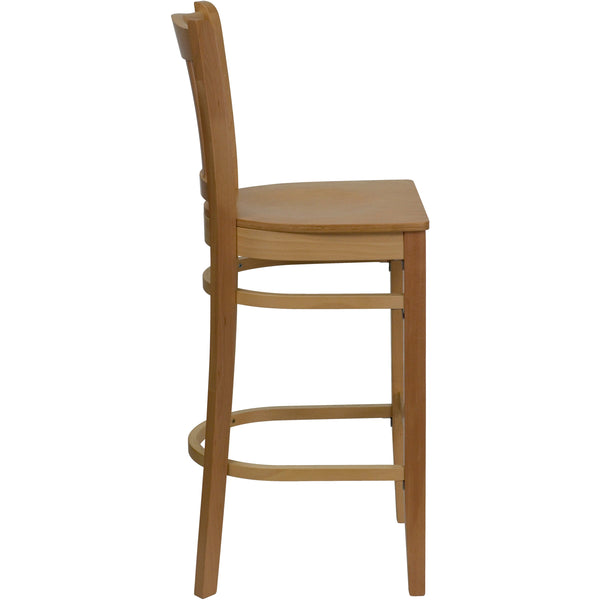 Natural Wood Seat/Natural Wood Frame |#| Vertical Slat Back Natural Wood Restaurant Barstool with Footrest