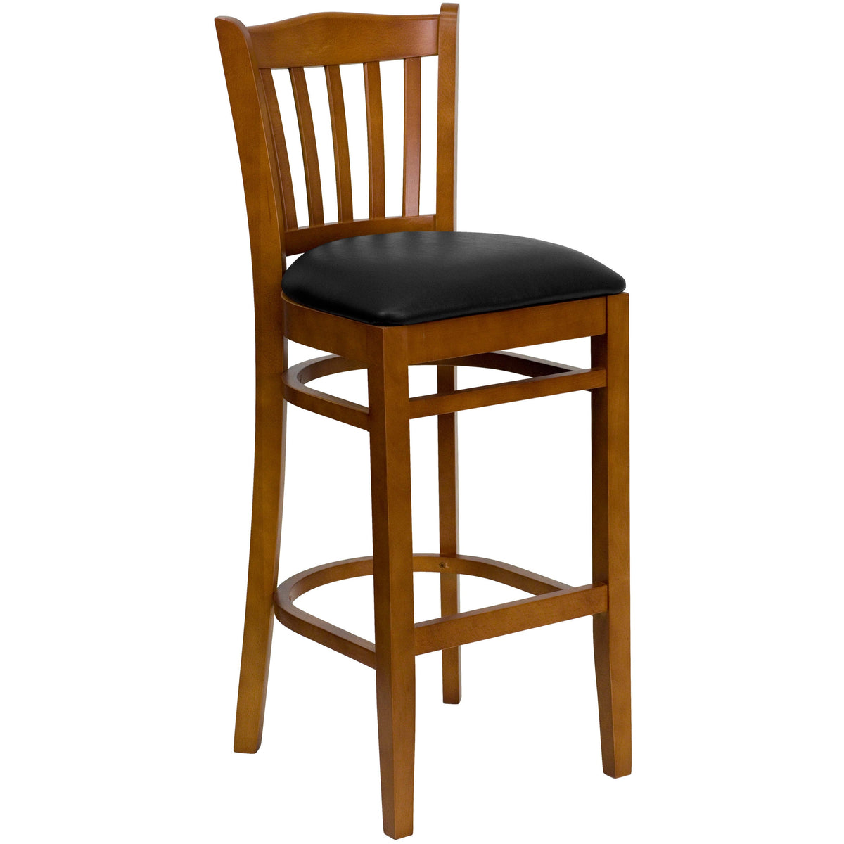 Black Vinyl Seat/Cherry Wood Frame |#| Vertical Slat Back Cherry Wood Restaurant Barstool - Black Vinyl Seat