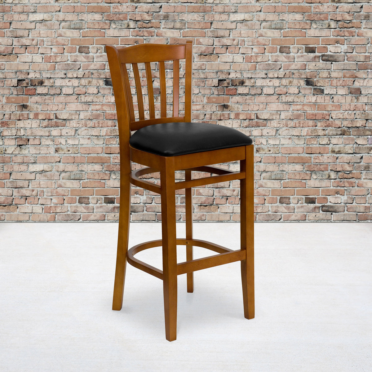 Black Vinyl Seat/Cherry Wood Frame |#| Vertical Slat Back Cherry Wood Restaurant Barstool - Black Vinyl Seat