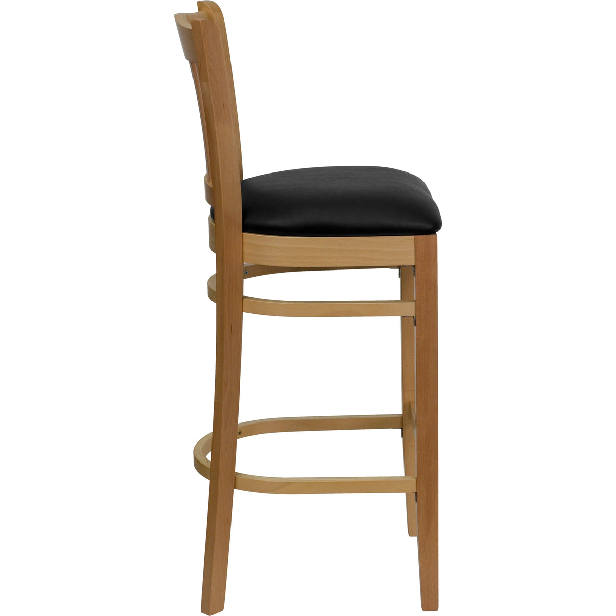 Black Vinyl Seat/Natural Wood Frame |#| Vertical Slat Back Natural Wood Restaurant Barstool - Black Vinyl Seat