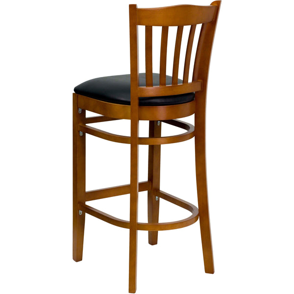 Black Vinyl Seat/Cherry Wood Frame |#| Vertical Slat Back Cherry Wood Restaurant Barstool - Black Vinyl Seat