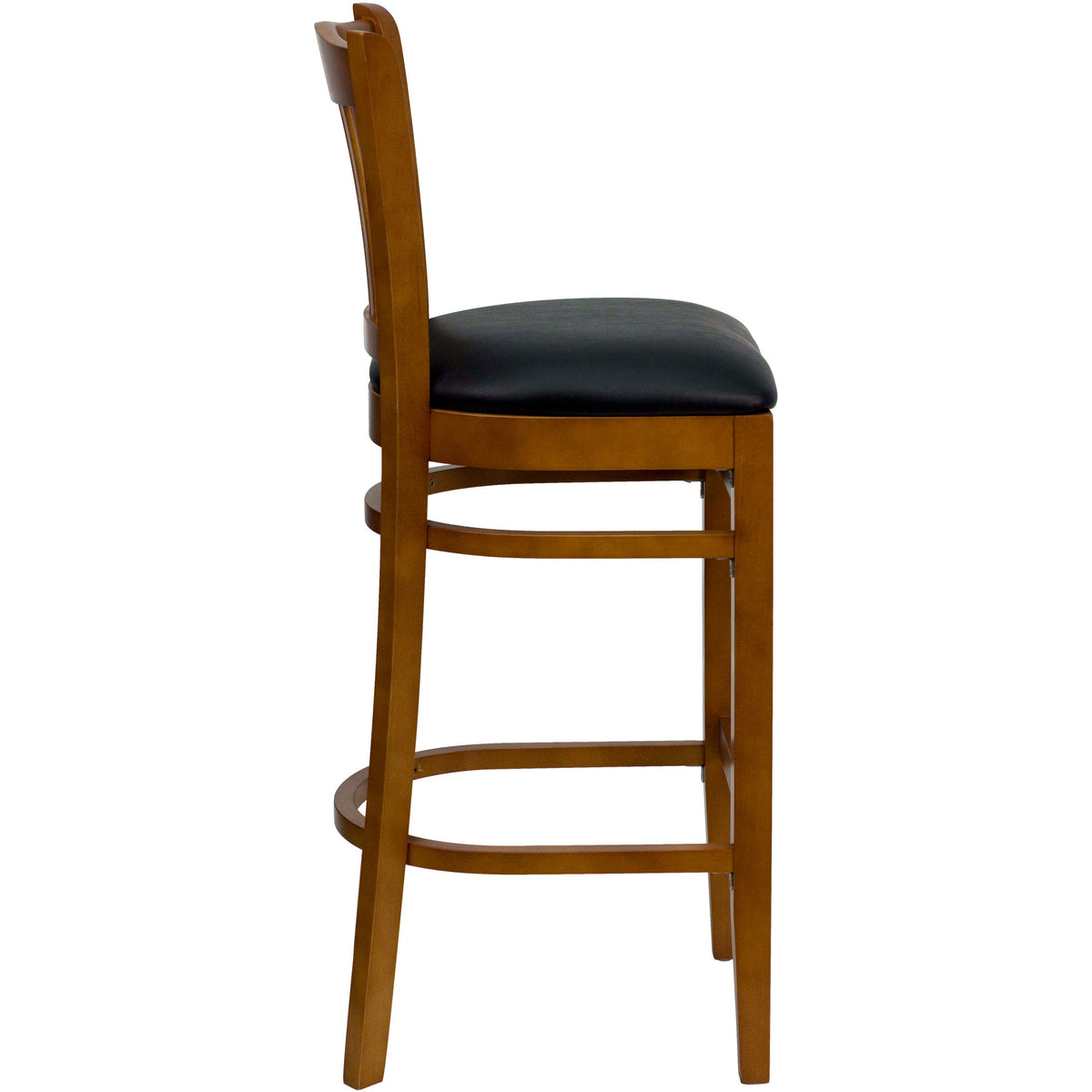 Black Vinyl Seat/Cherry Wood Frame |#| Vertical Slat Back Cherry Wood Restaurant Barstool - Black Vinyl Seat