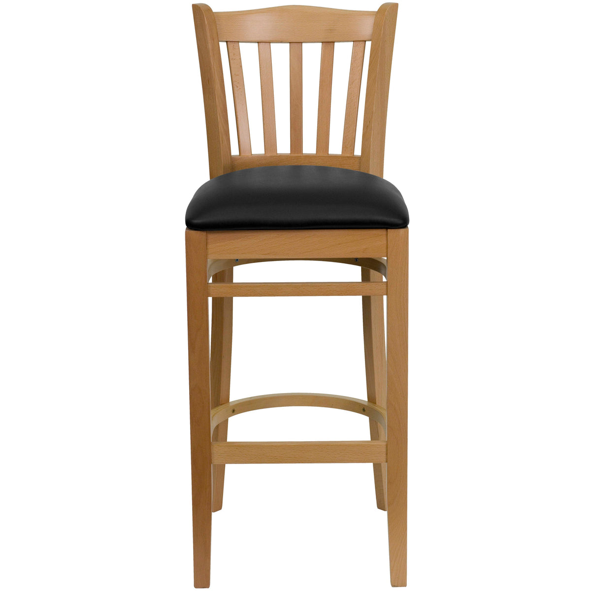 Black Vinyl Seat/Natural Wood Frame |#| Vertical Slat Back Natural Wood Restaurant Barstool - Black Vinyl Seat