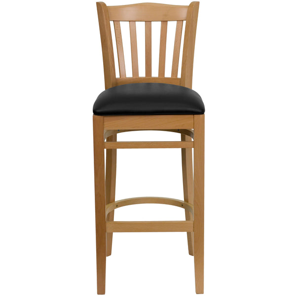 Black Vinyl Seat/Natural Wood Frame |#| Vertical Slat Back Natural Wood Restaurant Barstool - Black Vinyl Seat