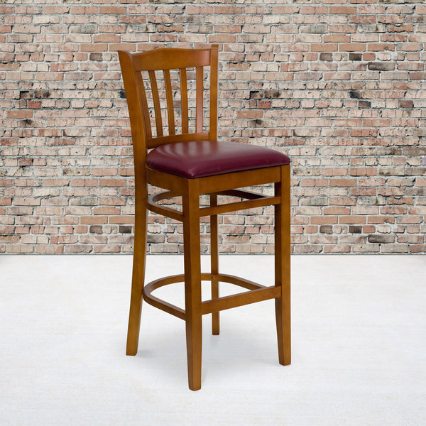 Burgundy Vinyl Seat/Cherry Wood Frame |#| Vertical Slat Back Cherry Wood Restaurant Barstool - Burgundy Vinyl Seat