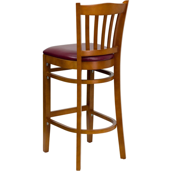 Burgundy Vinyl Seat/Cherry Wood Frame |#| Vertical Slat Back Cherry Wood Restaurant Barstool - Burgundy Vinyl Seat