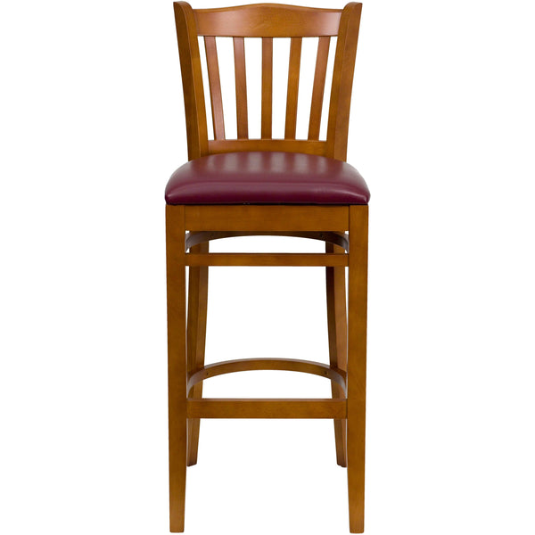 Burgundy Vinyl Seat/Cherry Wood Frame |#| Vertical Slat Back Cherry Wood Restaurant Barstool - Burgundy Vinyl Seat