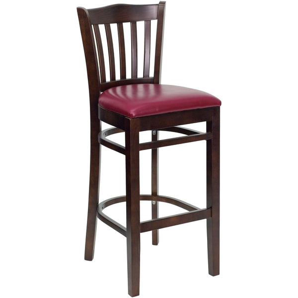 Burgundy Vinyl Seat/Walnut Wood Frame |#| Vertical Slat Back Walnut Wood Restaurant Barstool - Burgundy Vinyl Seat