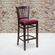 Burgundy Vinyl Seat/Walnut Wood Frame |#| Vertical Slat Back Walnut Wood Restaurant Barstool - Burgundy Vinyl Seat