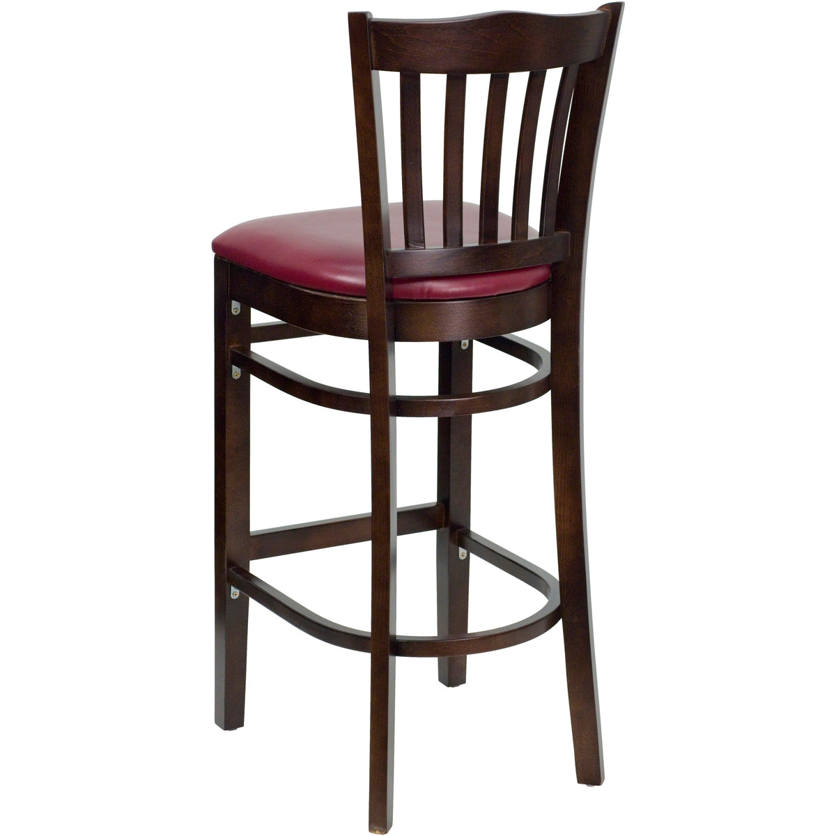 Burgundy Vinyl Seat/Walnut Wood Frame |#| Vertical Slat Back Walnut Wood Restaurant Barstool - Burgundy Vinyl Seat