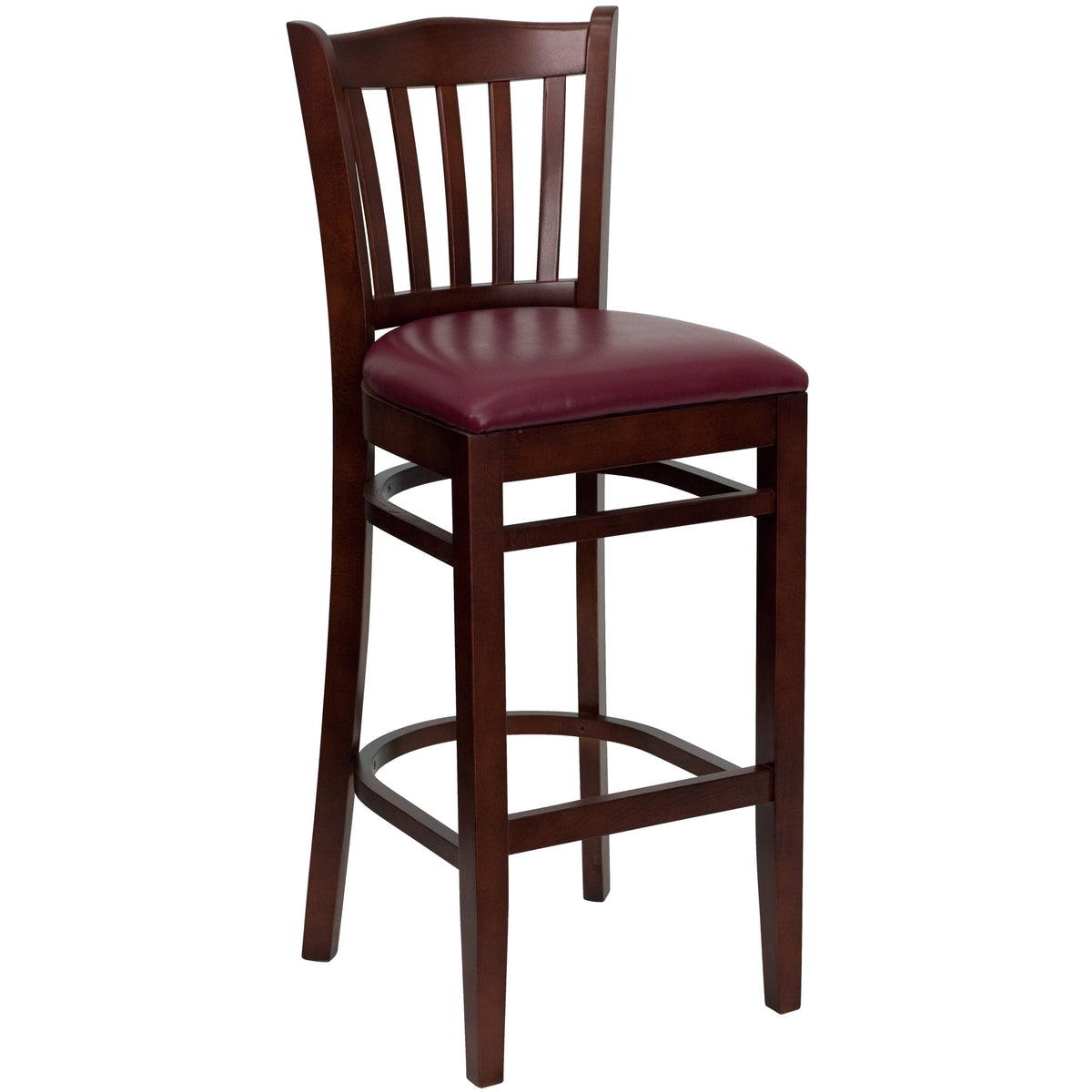 Burgundy Vinyl Seat/Mahogany Wood Frame |#| Vertical Slat Back Mahogany Wood Restaurant Barstool - Burgundy Vinyl Seat