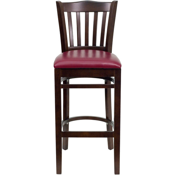 Burgundy Vinyl Seat/Walnut Wood Frame |#| Vertical Slat Back Walnut Wood Restaurant Barstool - Burgundy Vinyl Seat