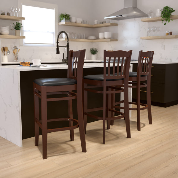 Black Vinyl Seat/Mahogany Wood Frame |#| Vertical Slat Back Mahogany Wood Restaurant Barstool - Black Vinyl Seat