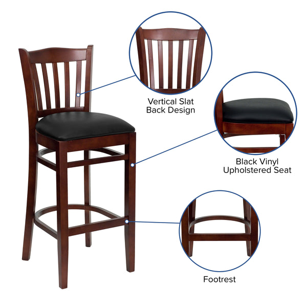 Black Vinyl Seat/Mahogany Wood Frame |#| Vertical Slat Back Mahogany Wood Restaurant Barstool - Black Vinyl Seat