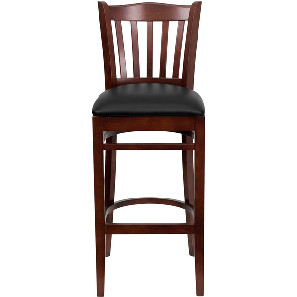 Black Vinyl Seat/Mahogany Wood Frame |#| Vertical Slat Back Mahogany Wood Restaurant Barstool - Black Vinyl Seat