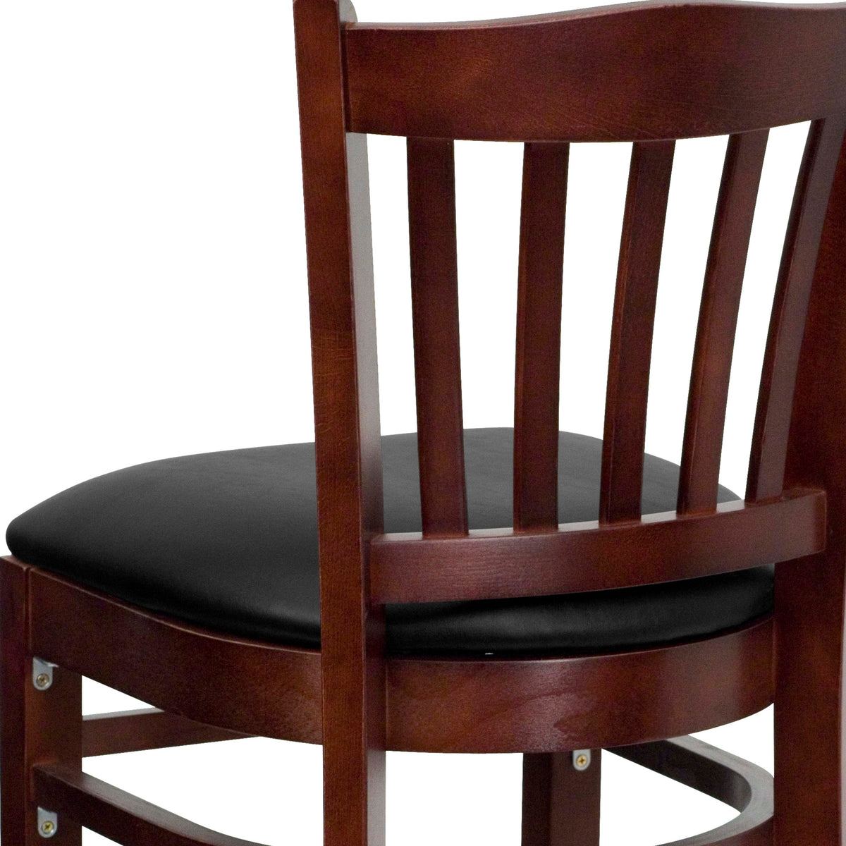 Black Vinyl Seat/Mahogany Wood Frame |#| Vertical Slat Back Mahogany Wood Restaurant Barstool - Black Vinyl Seat