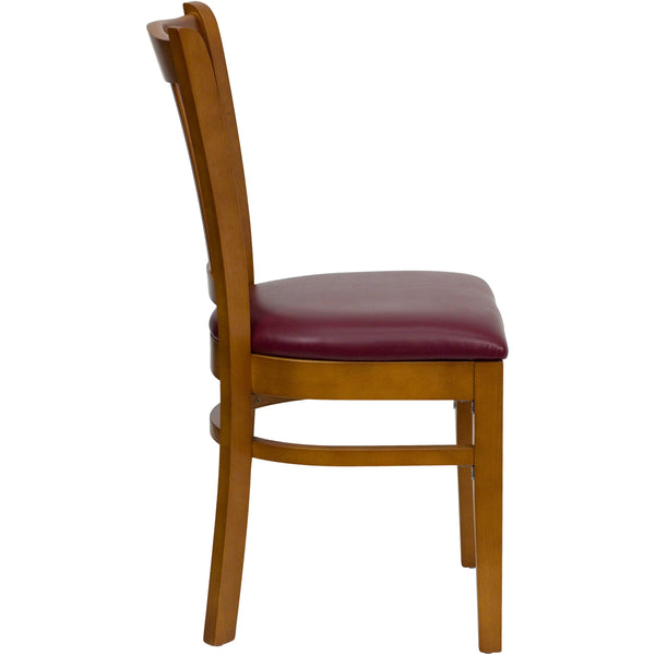 Burgundy Vinyl Seat/Cherry Wood Frame |#| Vertical Slat Back Cherry Wood Restaurant Chair - Burgundy Vinyl Seat