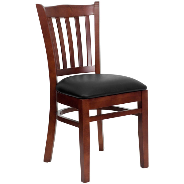 Black Vinyl Seat/Mahogany Wood Frame |#| Vertical Slat Back Mahogany Wood Restaurant Chair - Black Vinyl Seat