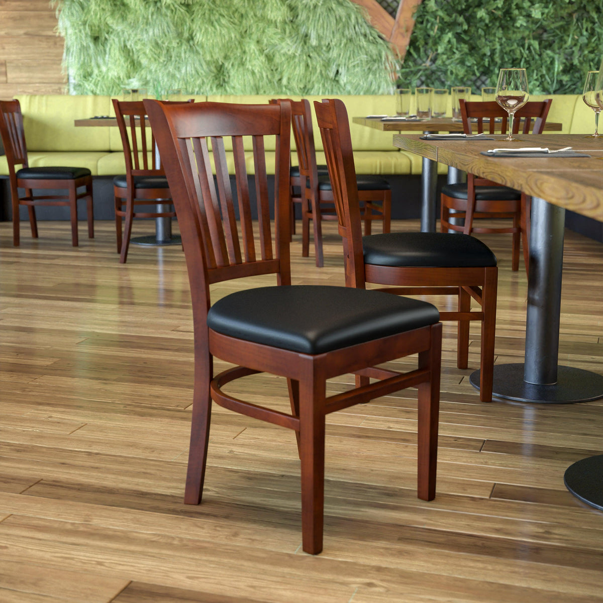 Black Vinyl Seat/Mahogany Wood Frame |#| Vertical Slat Back Mahogany Wood Restaurant Chair - Black Vinyl Seat