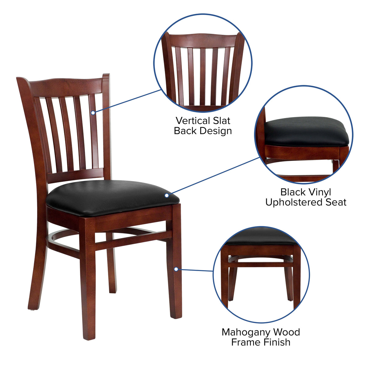 Black Vinyl Seat/Mahogany Wood Frame |#| Vertical Slat Back Mahogany Wood Restaurant Chair - Black Vinyl Seat