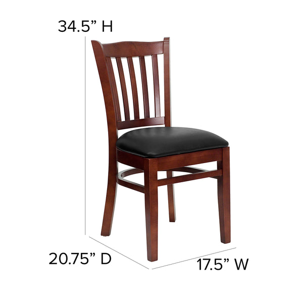 Black Vinyl Seat/Mahogany Wood Frame |#| Vertical Slat Back Mahogany Wood Restaurant Chair - Black Vinyl Seat