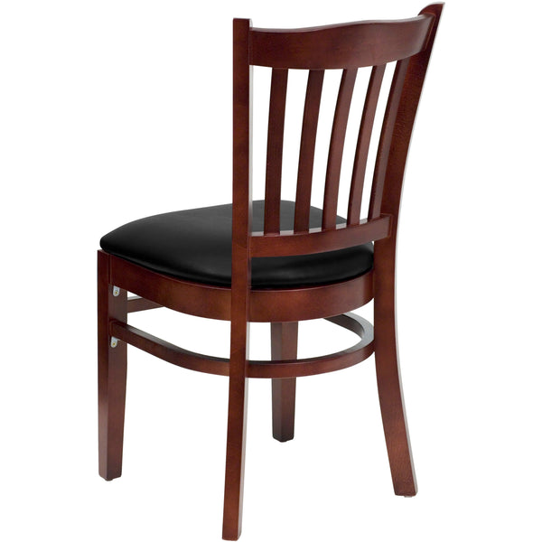 Black Vinyl Seat/Mahogany Wood Frame |#| Vertical Slat Back Mahogany Wood Restaurant Chair - Black Vinyl Seat