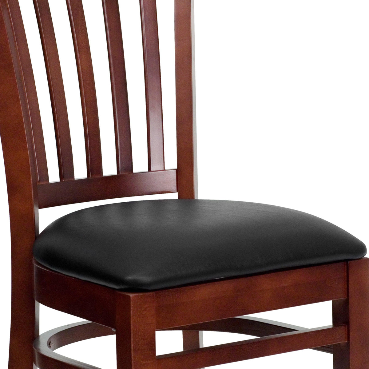 Black Vinyl Seat/Mahogany Wood Frame |#| Vertical Slat Back Mahogany Wood Restaurant Chair - Black Vinyl Seat