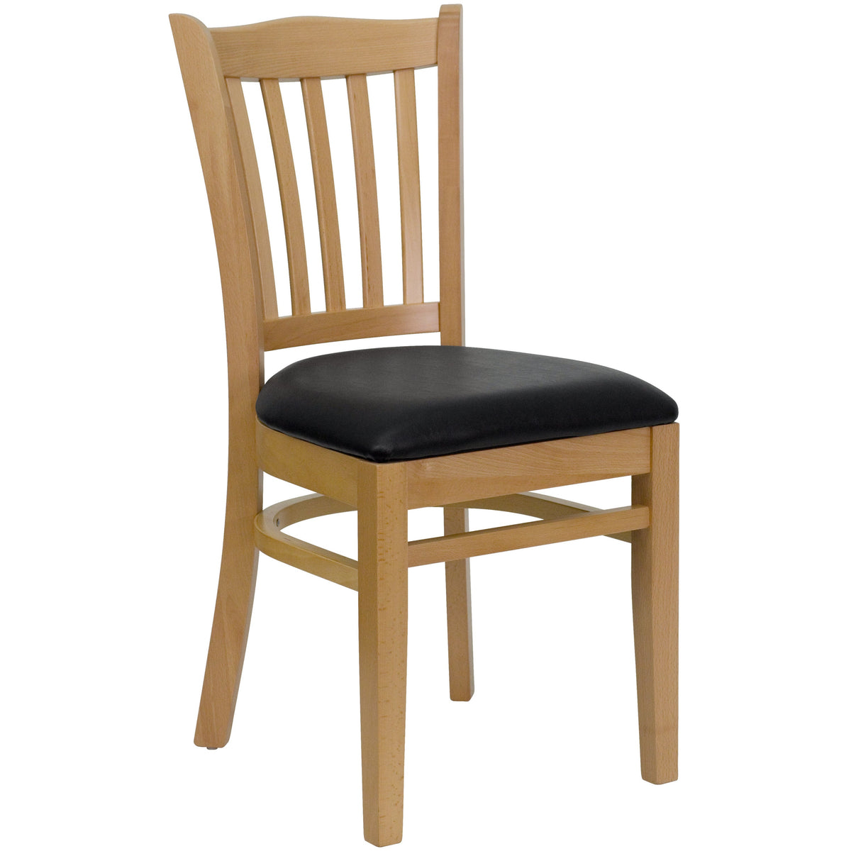 Black Vinyl Seat/Natural Wood Frame |#| Vertical Slat Back Natural Wood Restaurant Chair - Black Vinyl Seat