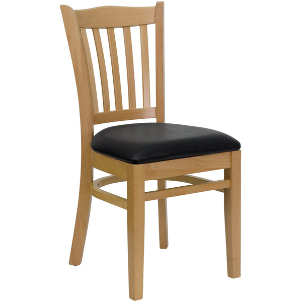 Black Vinyl Seat/Natural Wood Frame |#| Vertical Slat Back Natural Wood Restaurant Chair - Black Vinyl Seat