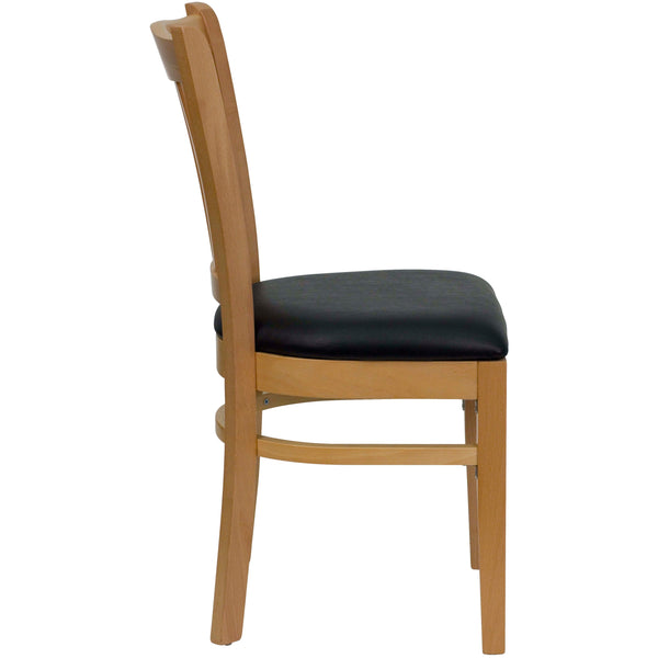 Black Vinyl Seat/Natural Wood Frame |#| Vertical Slat Back Natural Wood Restaurant Chair - Black Vinyl Seat