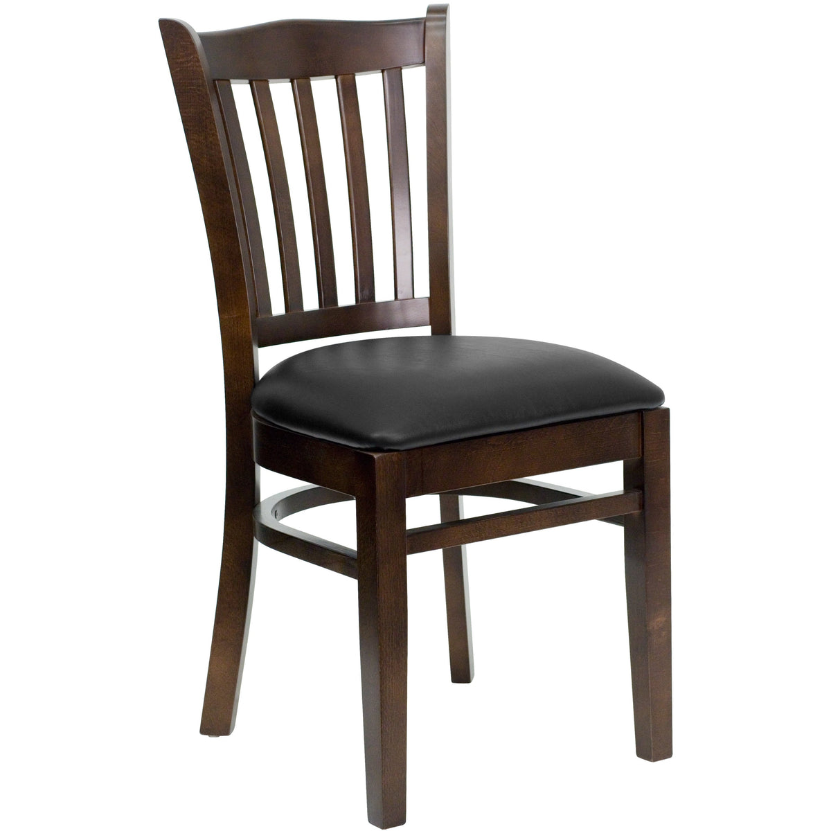 Black Vinyl Seat/Walnut Wood Frame |#| Vertical Slat Back Walnut Wood Restaurant Chair - Black Vinyl Seat