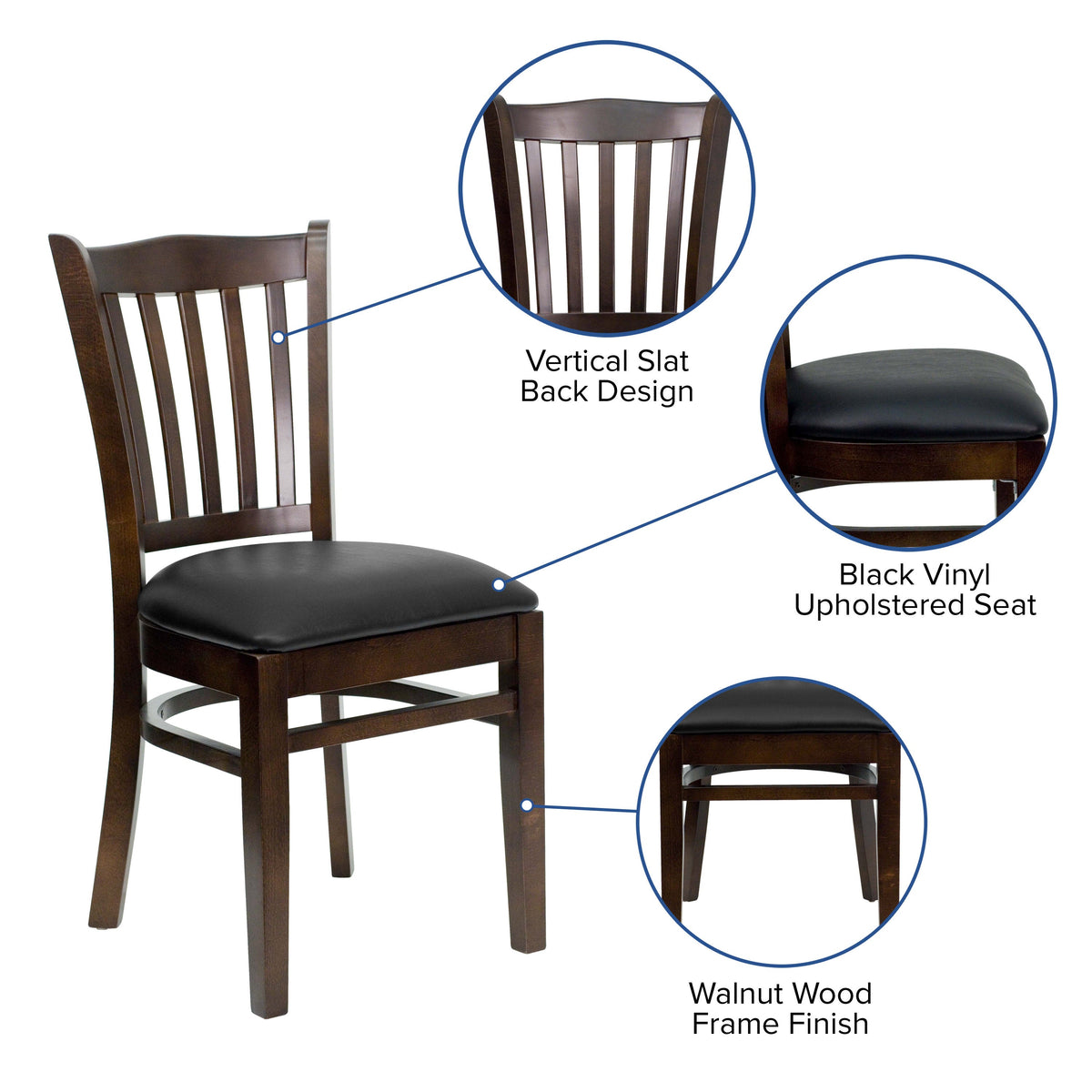 Black Vinyl Seat/Walnut Wood Frame |#| Vertical Slat Back Walnut Wood Restaurant Chair - Black Vinyl Seat