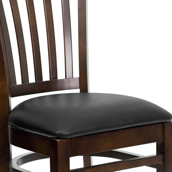 Black Vinyl Seat/Walnut Wood Frame |#| Vertical Slat Back Walnut Wood Restaurant Chair - Black Vinyl Seat