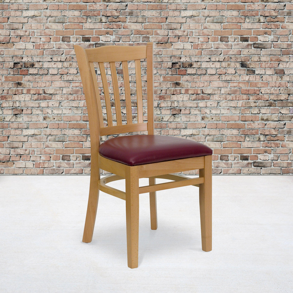 Burgundy Vinyl Seat/Natural Wood Frame |#| Vertical Slat Back Natural Wood Restaurant Chair - Burgundy Vinyl Seat