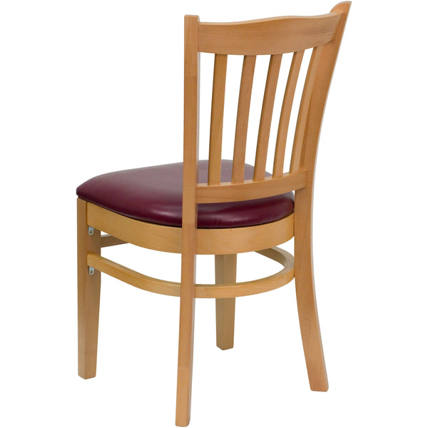 Burgundy Vinyl Seat/Natural Wood Frame |#| Vertical Slat Back Natural Wood Restaurant Chair - Burgundy Vinyl Seat