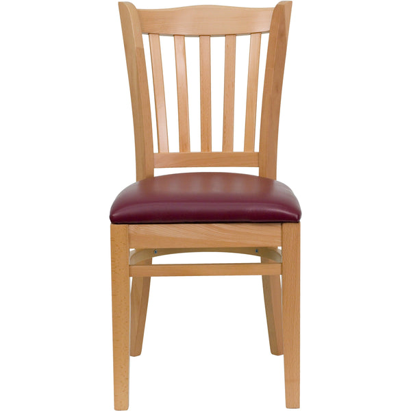 Burgundy Vinyl Seat/Natural Wood Frame |#| Vertical Slat Back Natural Wood Restaurant Chair - Burgundy Vinyl Seat