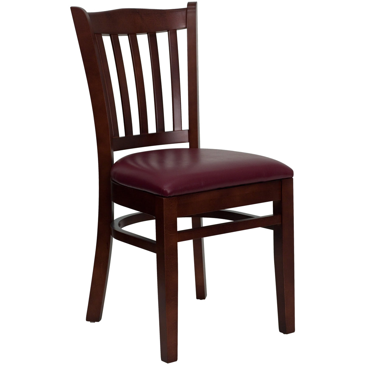 Burgundy Vinyl Seat/Mahogany Wood Frame |#| Vertical Slat Back Mahogany Wood Restaurant Chair - Burgundy Vinyl Seat