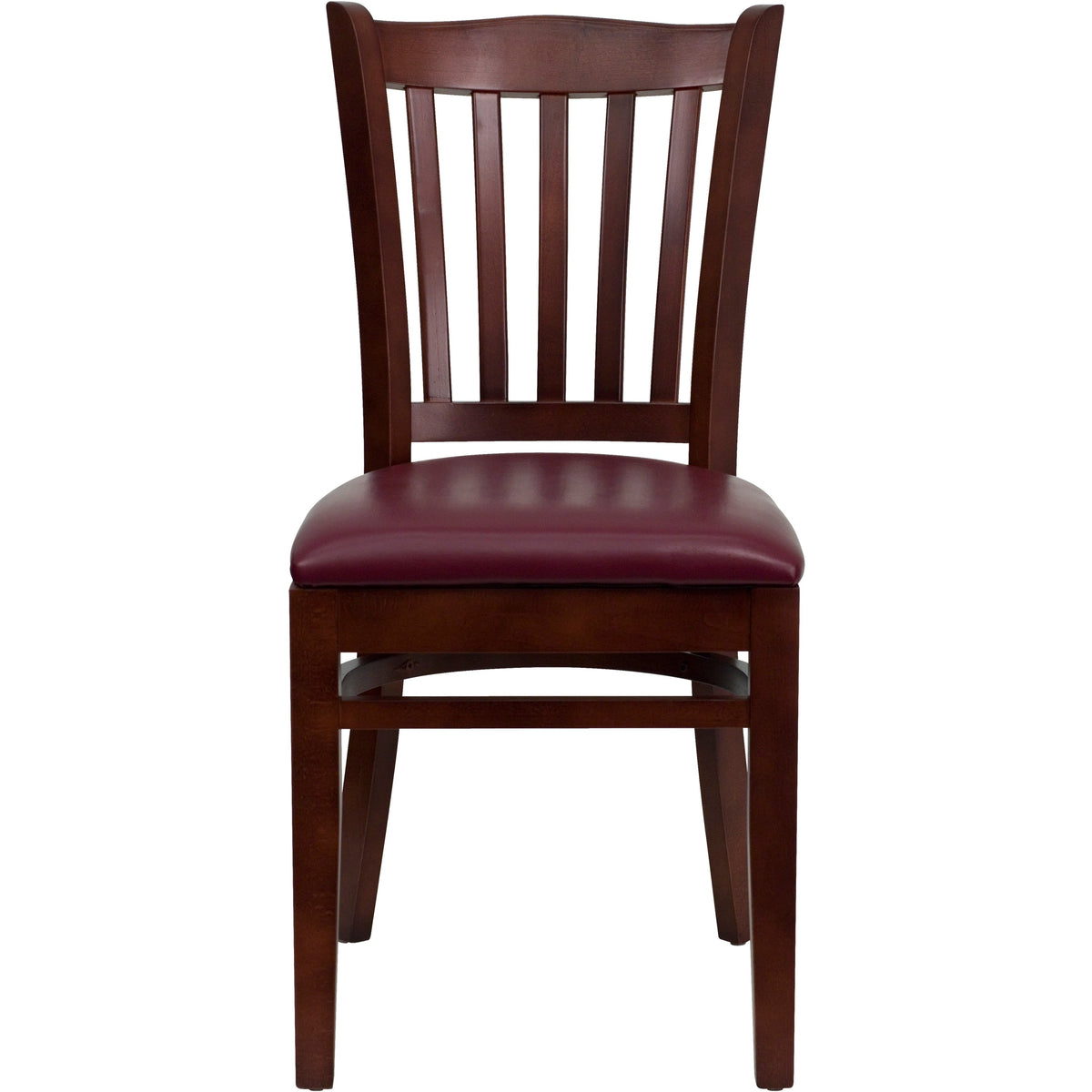 Burgundy Vinyl Seat/Mahogany Wood Frame |#| Vertical Slat Back Mahogany Wood Restaurant Chair - Burgundy Vinyl Seat