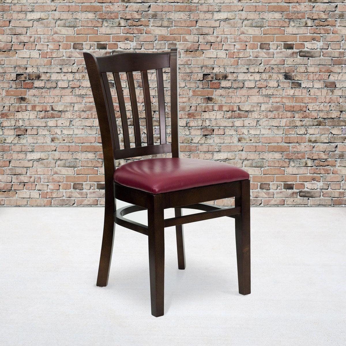 Burgundy Vinyl Seat/Walnut Wood Frame |#| Vertical Slat Back Walnut Wood Restaurant Chair - Burgundy Vinyl Seat