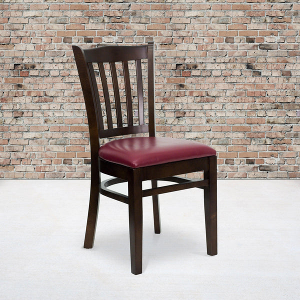 Burgundy Vinyl Seat/Walnut Wood Frame |#| Vertical Slat Back Walnut Wood Restaurant Chair - Burgundy Vinyl Seat